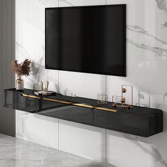 Solid wood Floating TV Stand, With 2 drawers floating tv cabinet, Floating tv unit wall mounted, completely assembled living room wall mounted tv unit (Black, 180cm)