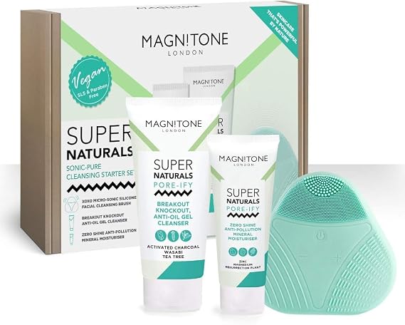 Magnitone Sonic Pure Starter Kit Super Cleansing Gift Pack with XOXO Silicone Cleansing Brush, SuperNaturals Cleanser & Zero-Shine Mineral Day Moisturiser