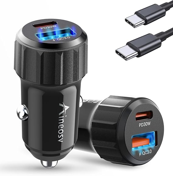 Car Charger USB C, 52.5W 2-Port PD Fast w/Cable, 2 Pack