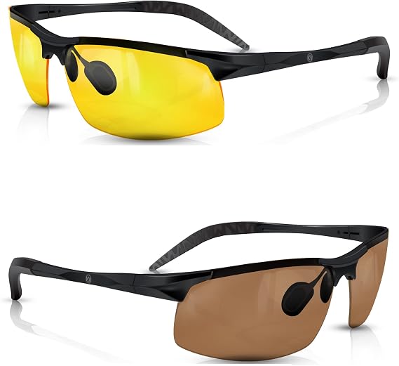 BLUPOND Set of 2 HD Day and Night Driving Glasses - Polarized Sunglasses and Yellow Night Vision Glasses With Car Clip Holder