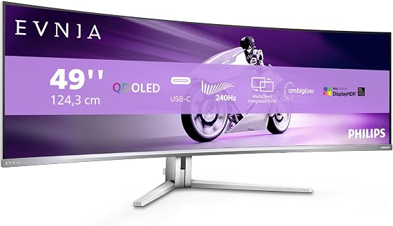 Philips Evnia 49M2C8900AM 49 zoll Curved DQHD USB Hub Gaming Monitor 240Hz QD-OLED Panel 0.03ms GtG HDR400 TB FreeSync Prem.Pro HöhenverstellungLautsprecher(5120x1440 HDMI 2x 2.1 DP1x 14)Grau