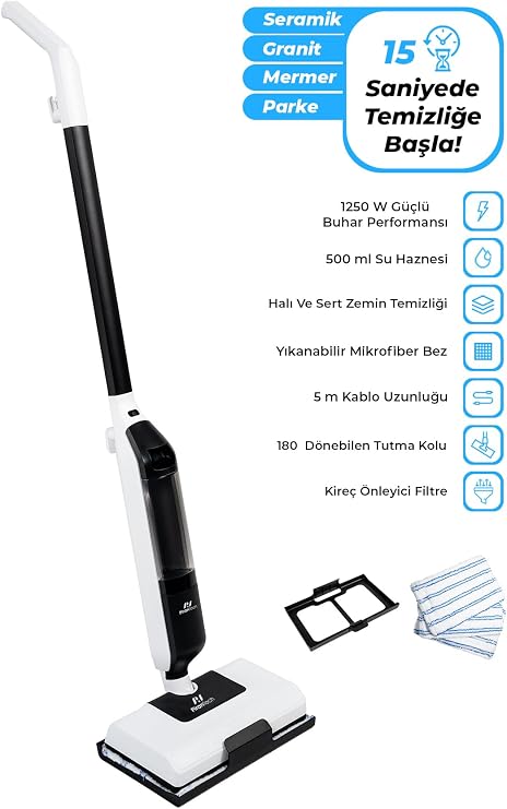 CB-702 Buharlı Mop | 1250W Güç | 180° Dönebilen Başlık | Halı ve Sert Zemin Temizleyici