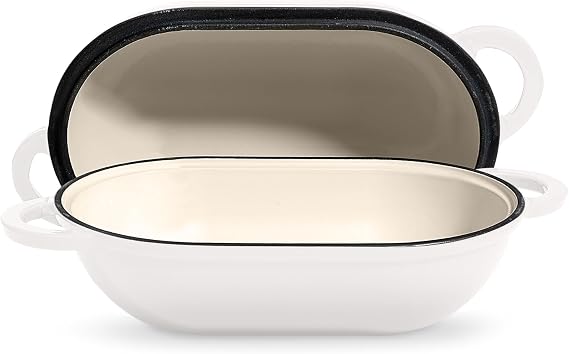 ROSSALLINI Signature Enameled Cast Iron Sourdough Bread Oven | Non-Stick with Tight Fitting Lid for Perfect Baking and Bread Making | 2QT Oval Oven With Lid [White]