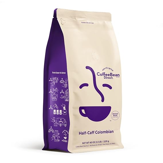 Coffee Bean Direct Half-Caff Colombian, Whole Bean, 2.5lb Bag