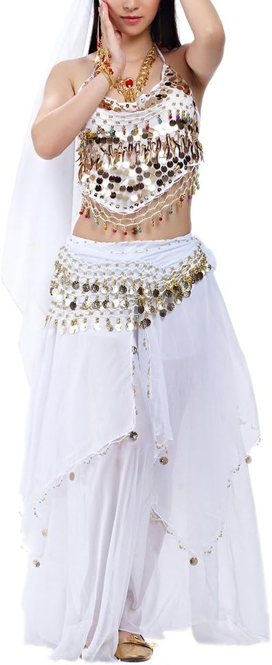 Halloween Belly Dance Costume, Halter Bra Top, Hip Scarf and Skirt