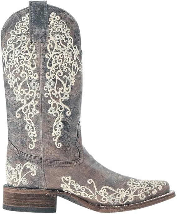 Corral Ladie's Brown Crater Bone Embroidery Sq. Toe, Leather With Rubber Insert Sole, Western A2663