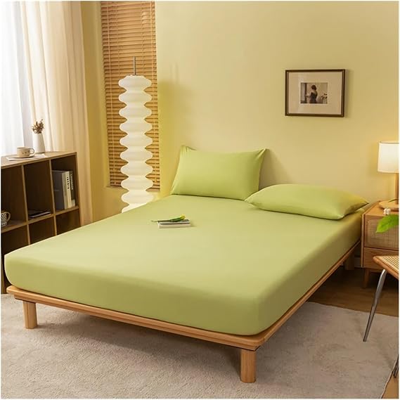Fitted Sheet Solid Color Fitted Sheet With Elastic Band Mattress Cover Single Double King Size Skin Friendly Cotton Bed Sheet(Cao lv,90x190x20cm 1pc)