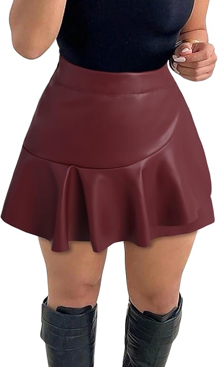 PU Leather Shorts for Women High Waisted Split Hem Mini Skort Bodycon Skirts
