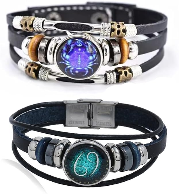2Pcs Multilayer Constellation Zodiac Leather Bracelet