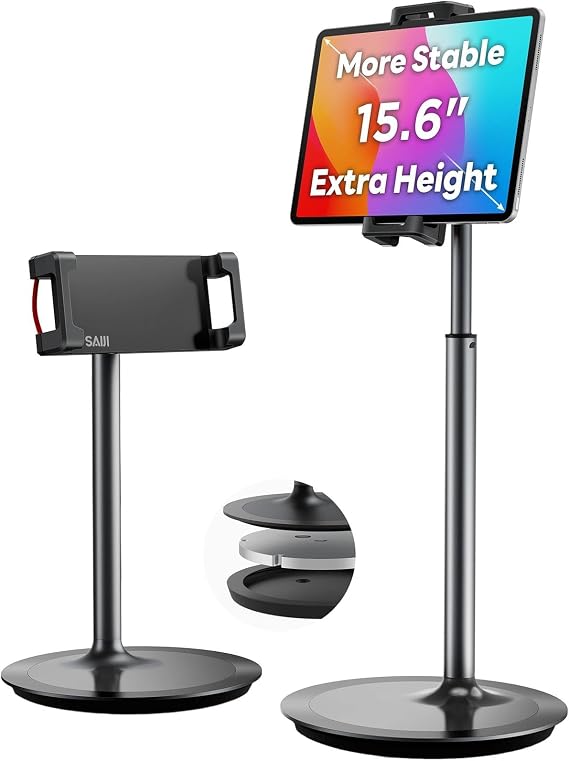 SAIJI iPad Stand for Desk - Height Adjustable & Weighted Base Phone Holder