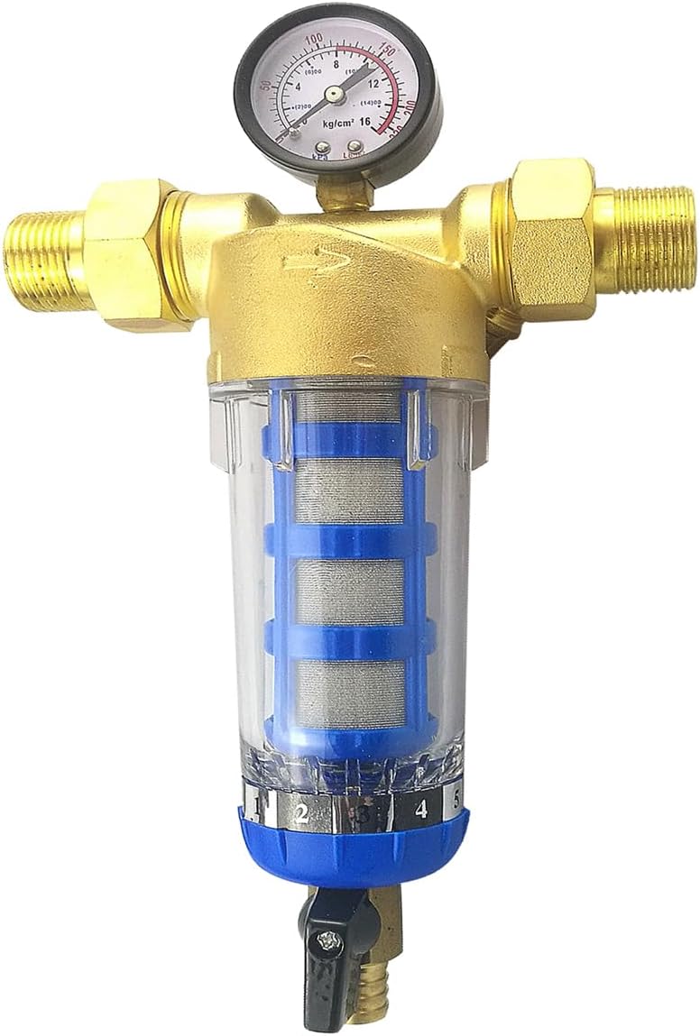 Spin Down Sediment Water Filter, Pre-Filter with Pressure Gauge, Reusable Sediment Filter for Well Water Hose 34 Inch