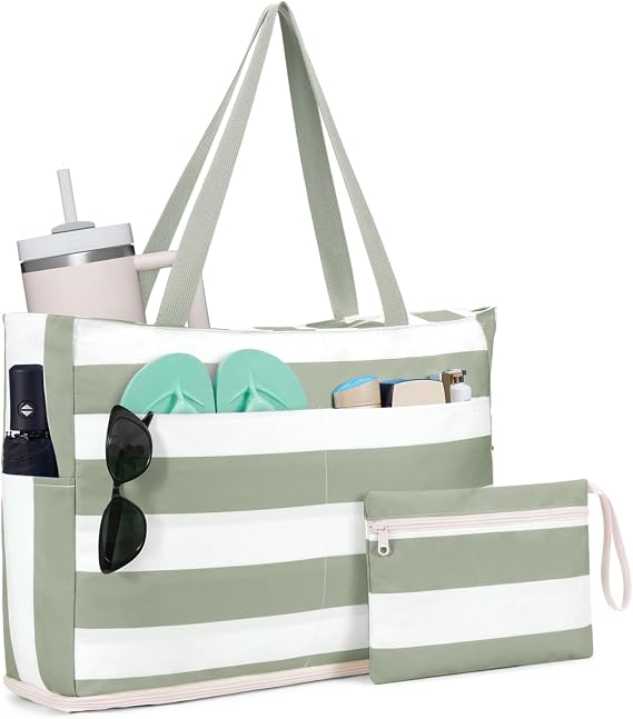 WANDF Sandproof Beach Bags for Women, Pool Tote Bag with Zipper (Green) | Waterproof, 40oz Tumbler Pocket, Front Pockets, For Family Swim Cruise Lake Beach Vacation Essentials