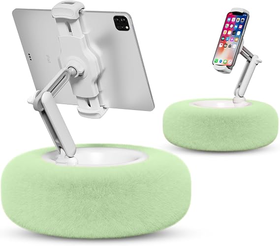 Viozon Tablet Stand with Pillow, Kindle Holder, Compatible with 4.7"-13" Phone/Tablet, iPad, iPhone, Google, Kindle, 360°Adjustable Phone Holder for Bed with Soft Plush Fabric, Detachable Bowl, Green