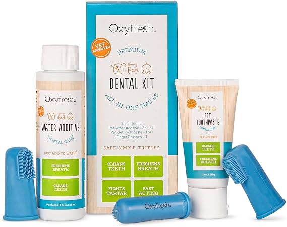 Oxyfresh Premium Pet Dental Kit for Dogs & Cats Easiest Breath Freshener & Teeth Cleaning Solution for Fresh Breath, Clean Teeth, Plaque & Tartar Control 1oz Toothpaste + 3oz Water Additive