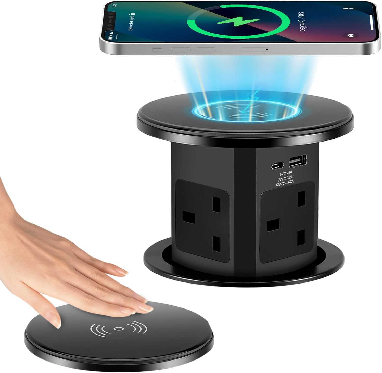 Pop Up Socket with Wireless Charging, Pop up Sockets for Kitchen Worktops, 4 Outlets, 1 USB-A, 1 USB-C, 15W Wireless Charger, Automatic Hidden Socket Power Port for Office Island Countertops