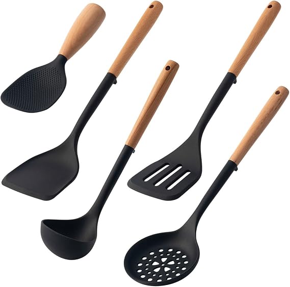 5-Piece Black Silicone Cooking Utensils Set with Wooden Handle, Heat Resistant Kitchen Utensils Spatula Set Non-stick Soup Spoon Skimmer Rice Scoop for Home Restaurant