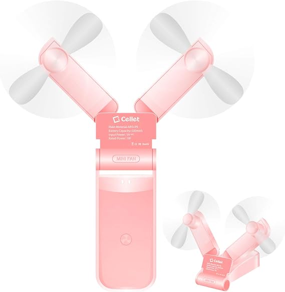 Cellet Portable Foldable Handheld Mini Fans Two Speed Air Cooling USB Rechargeable (Pink)