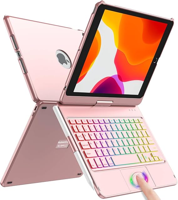 Keyboard Case 10.2 for iPad 9th Gen 2021 - 360° Touchpad Flip Hard Shell Slim Cover Wireless Bluetooth Keyboard Case with 7 Backlights, Auto Sleep/Wake for iPad 9/8/7/6th Gen (Pink)