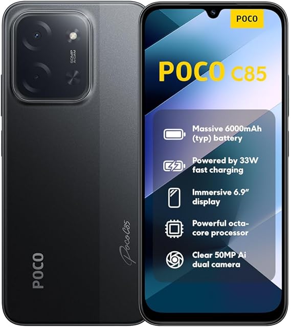 XIAOMI Poco C85 Smartphone 8+256GB Mobile Phone with Android 6.9 Inch 120Hz Display 7.99 mm Design MediaTek Helio G81-Ultra Octa-Core 50MP AI Dual Camera 6000mAh Black