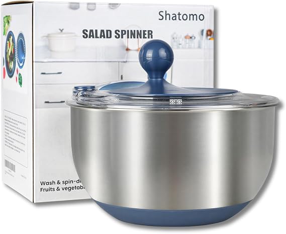 Stainless Steel Salad Spinner, 5.3 Qt Lettuce Spinner with Non-Slip Base, Drain and Stop Button, Fruit and Vegetable Washer and Dryer Spinner, Blue