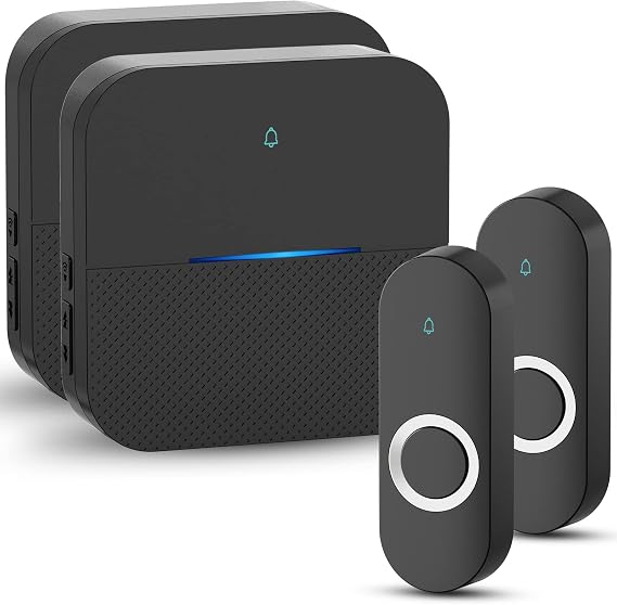 AIDA Lighted Wireless Doorbell for Home, Waterproof Battery Doorbell Wireless 1,000ft Range, 5 Volume Levels with 58 Chimes & LED Flash on Receiver (Black, 2 transmitters & 2 Receivers)