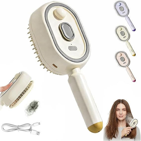 Electric Steam Brush for Hair, Rechargeable Steams Hair Straightener Brush with Detangling Comb, Spray Air Cushion Massage Comb, Anti-Static Wet Hairbrush for Smoothing & Reducing Frizz (White)