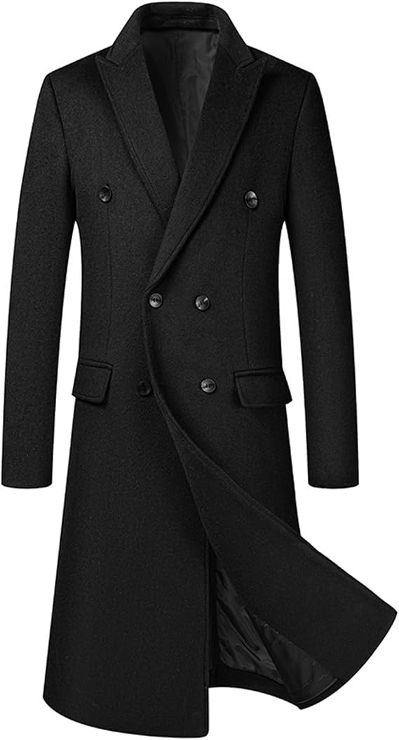 SOMTHRON Men's Wool Blend Pea Coat Notched Collar Double Breasted Overcoat Winter Warm Long Trench Coat