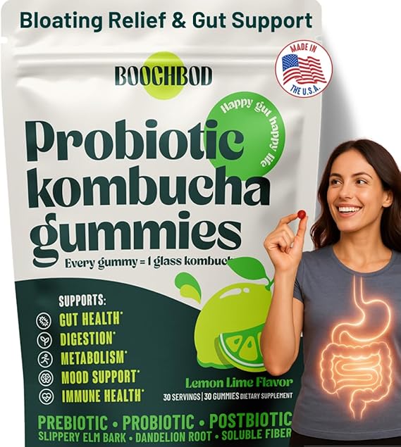 BoochBod - Probiotic Kombucha Gummy - Prebiotics, Probiotics, Postbiotics, Fiber Supplement, Slippery Elm, Dandelion Root, for Bloating, Gut Health - for Women and Men - Lemon Lime (Lemon Lime)