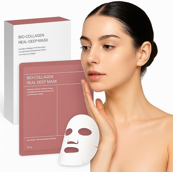 Collagen Face Mask – Bio Collagen Real Deep Mask, Overnight Mask for Radiant Glass Skin, Lifting & Firming, Deep Hydration, Wrinkle Care & Pore Minimizing – 34g x 5 Masks