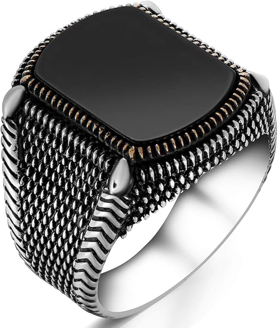 Solid 925 Sterling Silver Flat Onyx Stone Men Ring