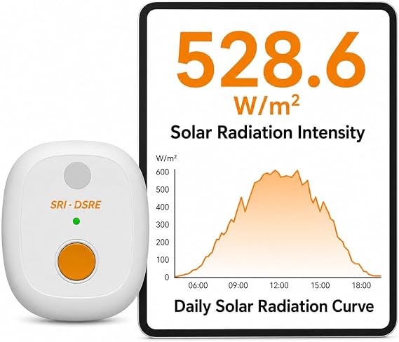 Solar Power Meter. Measures Solar Radiation Intensity & Daily Solar Radiation Energy, 180-Day Data Logging, Real-Time Graphs & CSV Export, Solar Irradiance Monitor