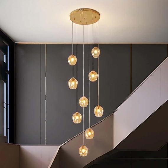 Mid Century Pendant Light 9-Light Amber Glass Chandelier Adjustable Hanging Pendant Light Fixture for Dining Room Living Room Kitchen(Gold+Amber)