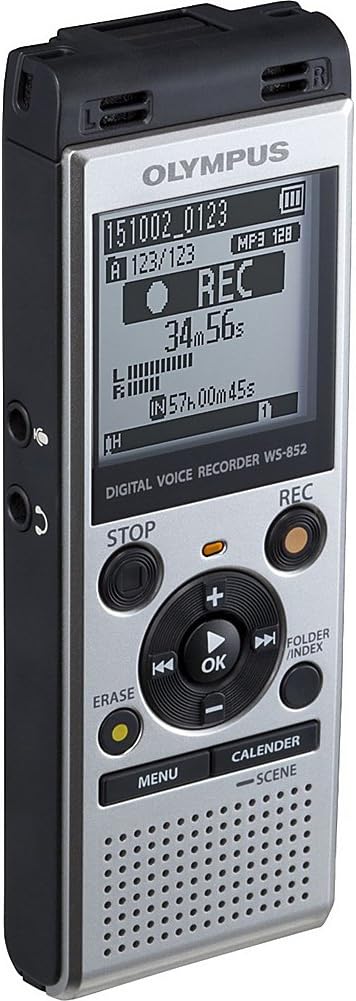 Olympus WS-852 Silver Voice Recorder with True Stereo mic, 4GB, 110 Hours Battery Life, microSD External Memory, USB, with MP3 File Format.