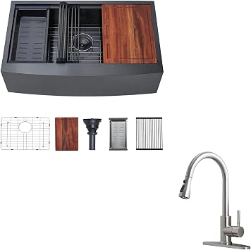 33 Inch Black Farmhouse Kitchen Sink and Kitchen Faucet with Pull Down Sprayer