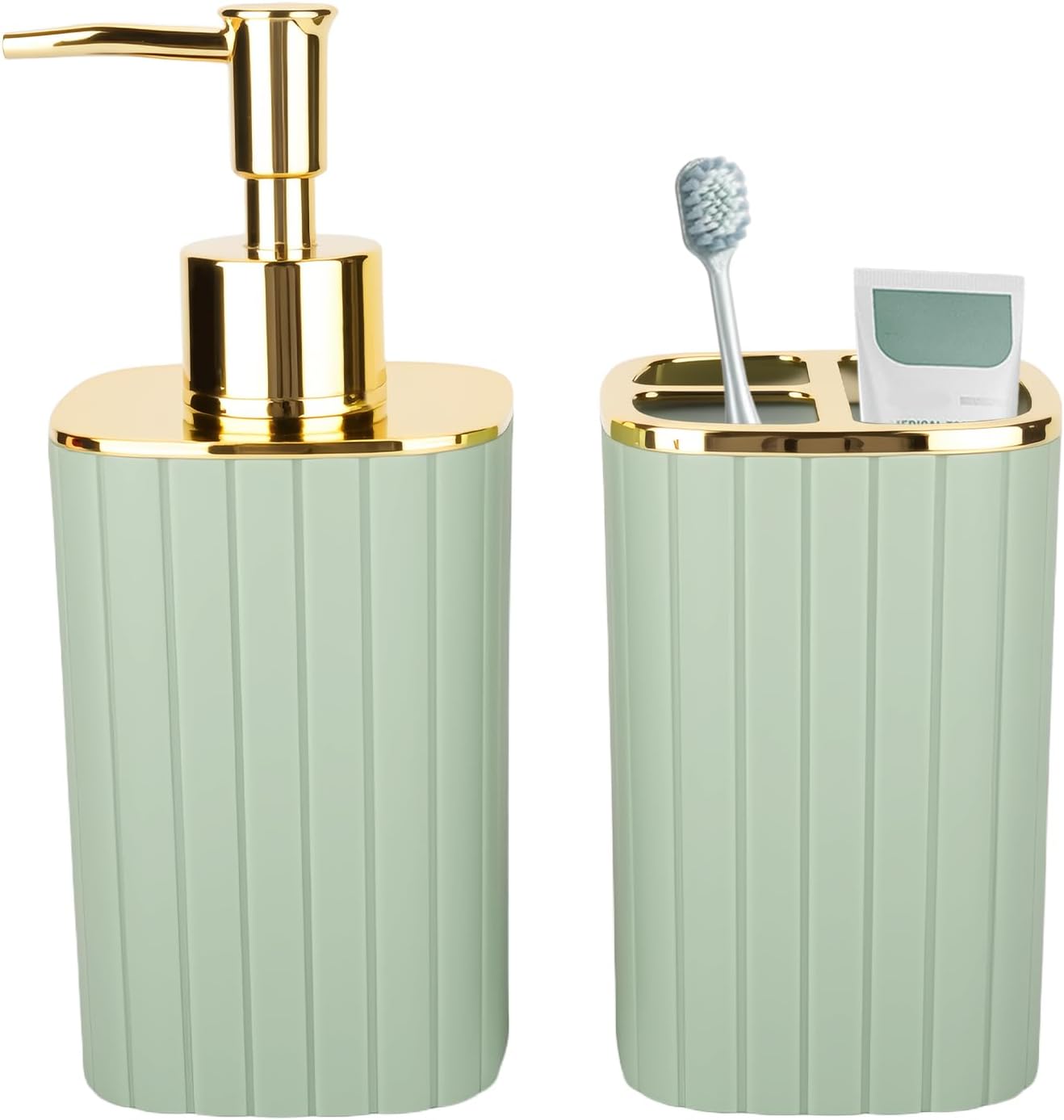 2PCS Bathroom Accessories Set, Sage Green Bathroom Accessories, Bathroom Soap Dispenser and Toothbrush Holder Set for Bohemian Bathroom Decor
