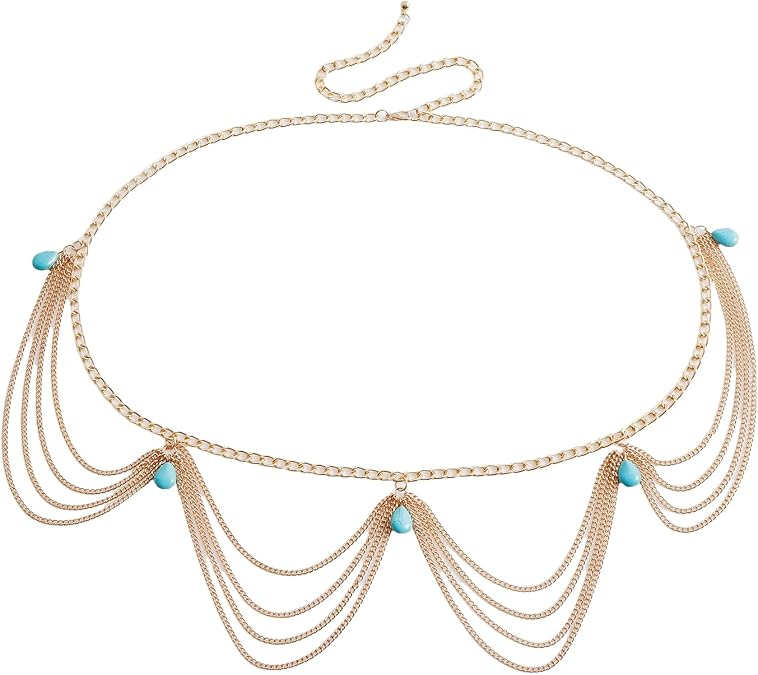 Bohemian Retro Turquoise Body Chain - Adjustable Vintage Body Jewelry for Women, Wedding Beach Festival Accessory, Premium Alloy with Teal Green Stone, Lightweight Comfort for All Body Types