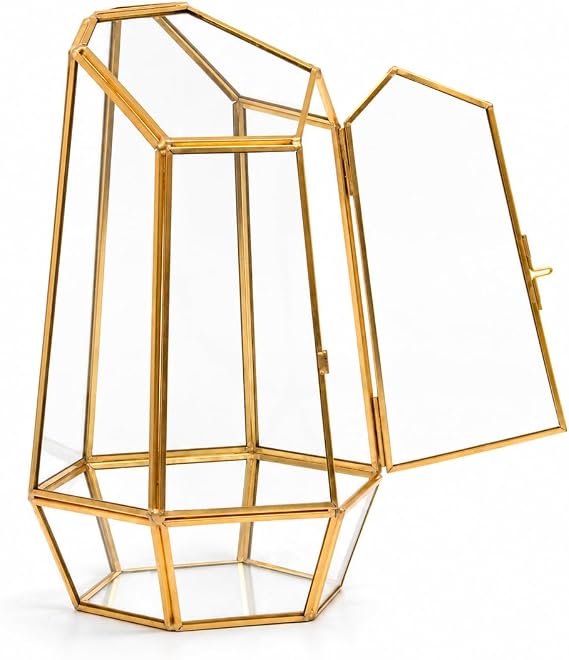 Gold Geometric Glass Terrarium with Side Door, 9.8 Inch, Handmade