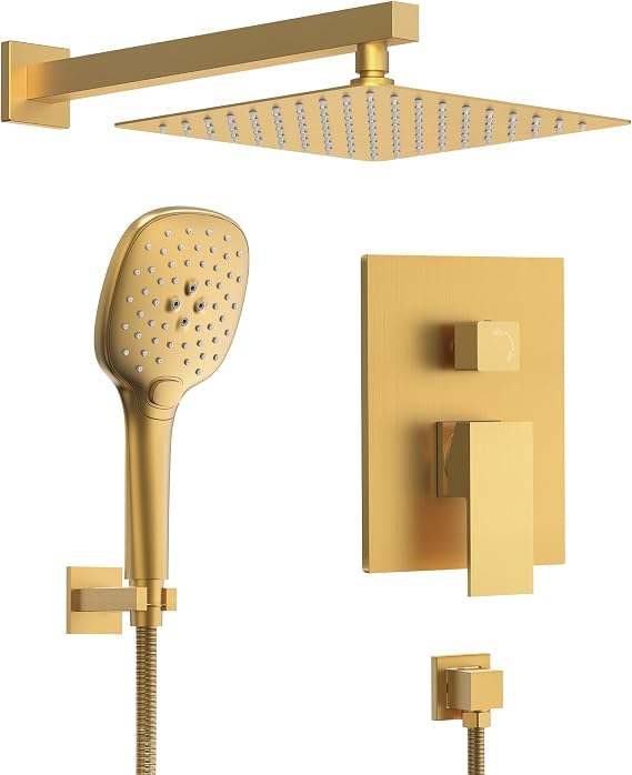 10" Brushed Gold Shower System, Square Wall Mount Shower Set