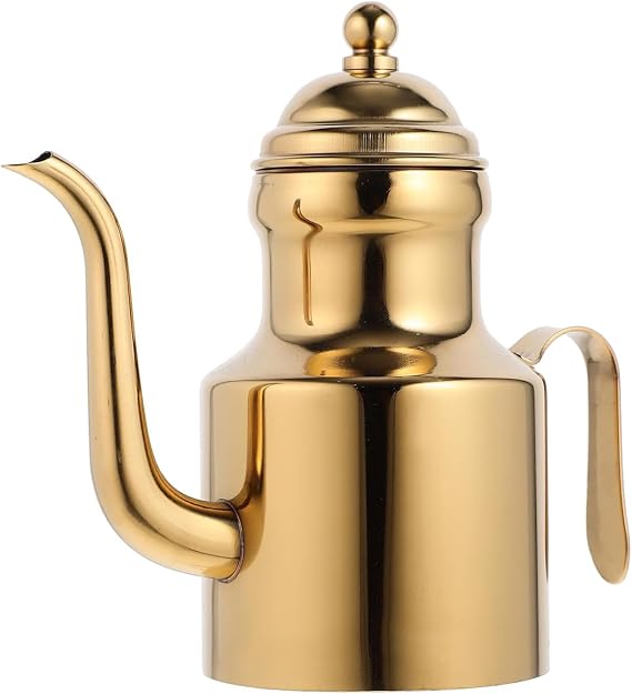 QianShi Stainless Steel Oil Dispenser Vinegar Jar Soy Sauce Bottle Grease Container Condiment Pot Cooking Oil Jug with Spout and Lid for Kitchen Liquid Seasoning Kettle (Golden, 11 Ounces)