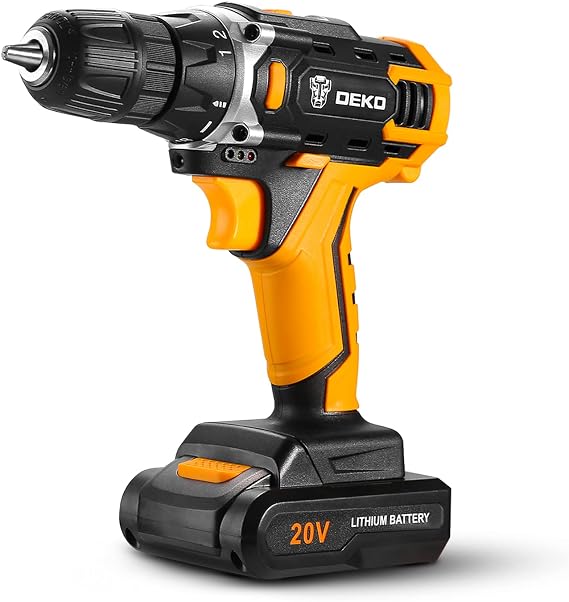 DEKO Cordless Drill, 20V Max Lithium-Ion Drill Driver Kit with 2-Speed, 3/8" Keyless Chuck, 18+1 Torque Setting, Built-in LED for Drilling Wood, Plastic, Metal