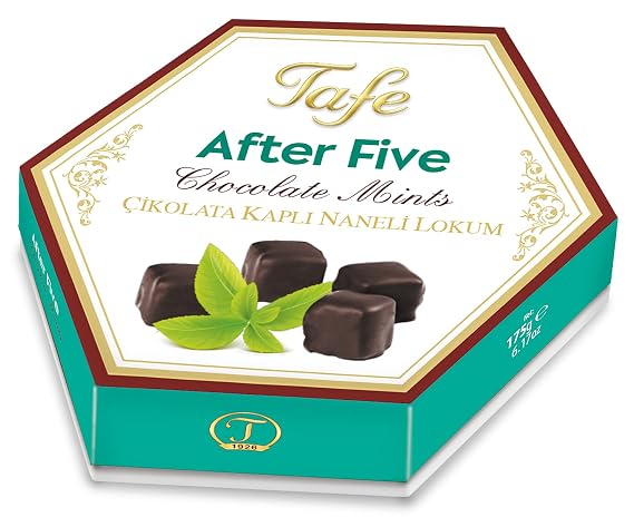 After Five Chocolate Coated Mint Turkish Delight - Hexagon Box 175 gr 6.17 oz - Sweet Luxury Traditional Confectionery - Gluten Free Vegan Halal FSSCS Soft Candy Dessert Lokum Mints and Chocolate