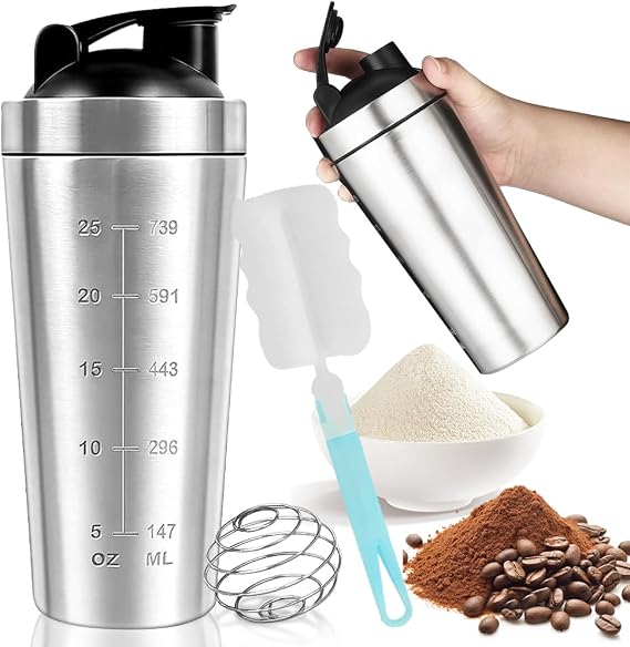Protein Shaker Metal Bottle with Mix Ball 750ml BPA Free | Stainless Steel Shake Powder Leakproof Gym Cup, Shakes Mixer Blender with Lid Sport Fitness Workout Storage for Supplement