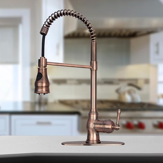 Akicon Antique Copper Pre-Rinse Spring Kitchen Faucet, Single Level Solid Brass Kitchen Sink Faucets with Pull Down Sprayer