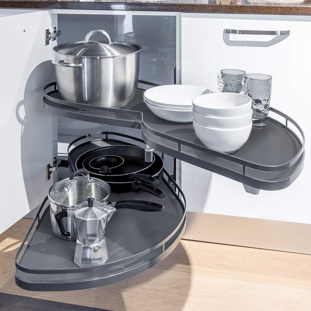 Kitchen Blind Corner Pull-Out Shelving Unit Organizer 2 Tiers Swing Tray for 900-1000mm Cabinet (Grey, Open Right)