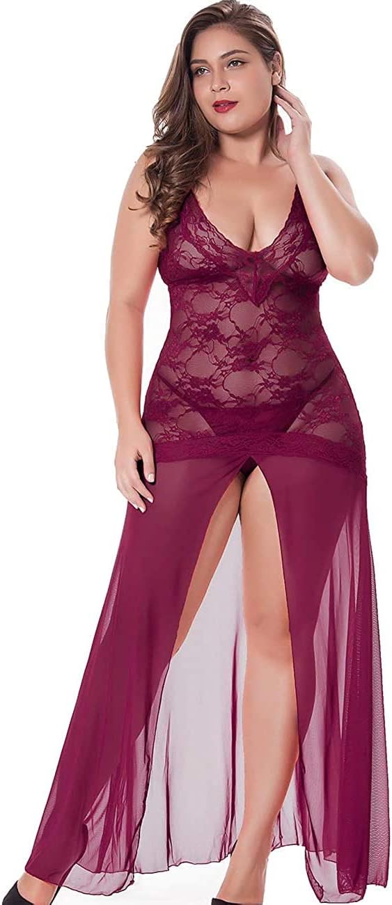 Women's Floral Lace Plus Size Babydoll Lingerie Set Sexy Split Maxi Long Nightgown Dress