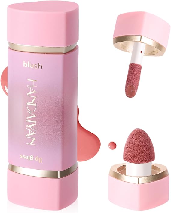 Liquid Blush for Cheeks, 2-IN-1 Lip Gloss Blusher With Double-Head Brush, Highly Pigmented Long-Lasting Blush Makeup and Lip Tint, Multi-use Moisturizing Creamy Blusher (Peach Pink)