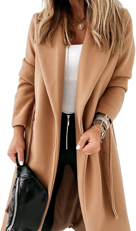 Ladiyo Womens Classic Coat Lapel Collar Open Front Belted Long Jacket