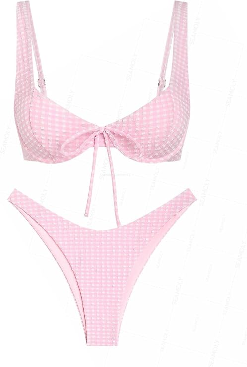 seamoly Gingham Ruched Bowknot Decor Cheeky Bikini Set