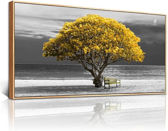 MHARTK66 Large Canvas Wall Art For Living Room Wood Framed Wall Decor For Office Bedroom Decoration Art Black And White Scenery Wall Painting Yellow Trees View Picture Hotel Room Home Artwork