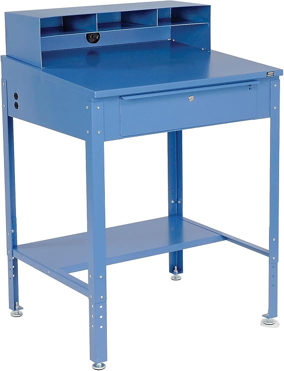 Global Industrial Sloped Shop Desk, 34-1/2"W x 30" D x 38" - 42-1/2"H, Blue | Pigeonhole Compartments & Cylinder Lock Drawer, Blue Powder Coat Finish, Assembly Required